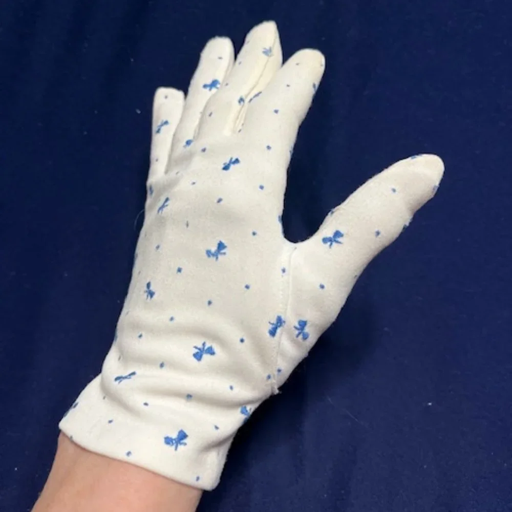 VTG Dressy White w/Blue Embroidered Ribbons Wristlet Gloves Stretchable OS